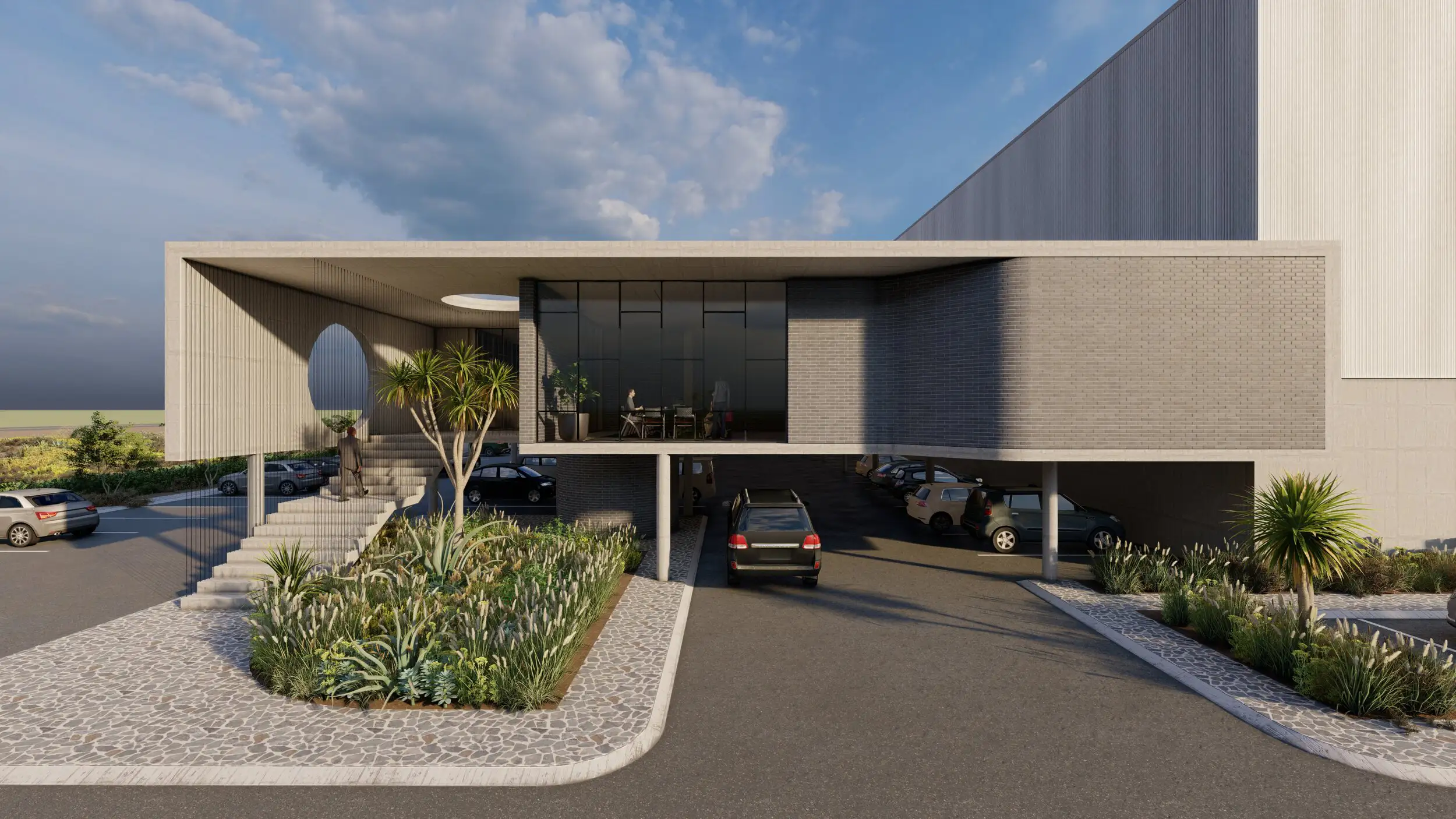 Render of the Greenfields DC office entrance with a deep canopy over landscaped parking
