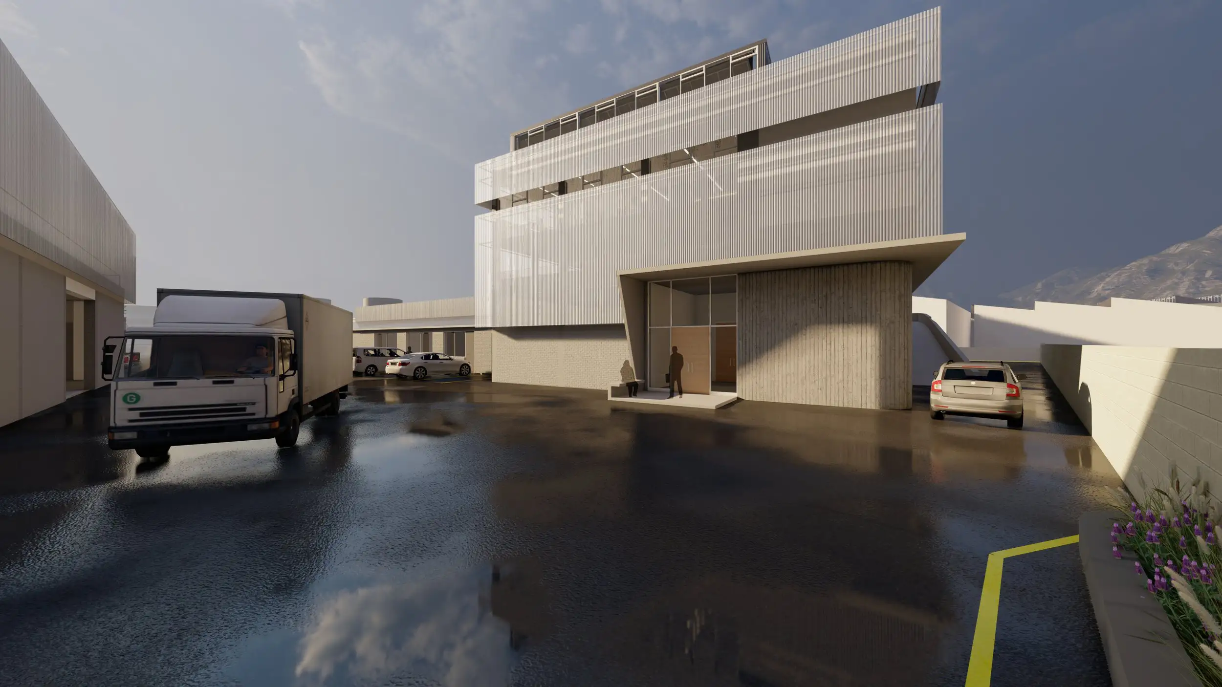 Render of the Kinghall Avenue building with a perforated screen facade and a delivery yard