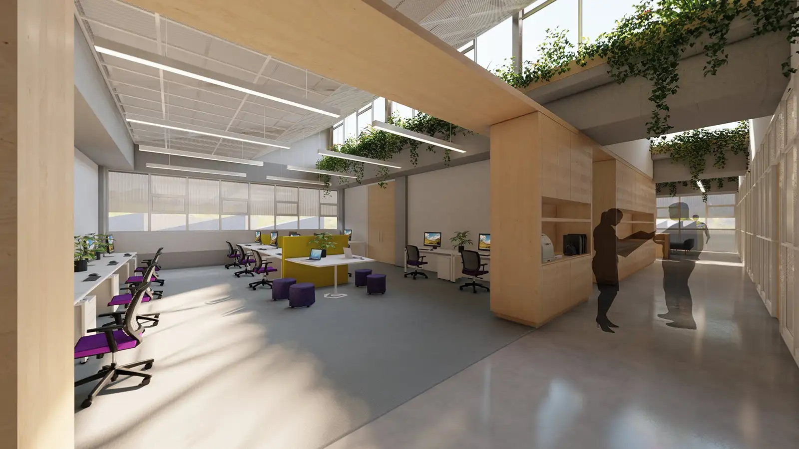 Render of a light-filled office with hanging plants and a timber-clad core