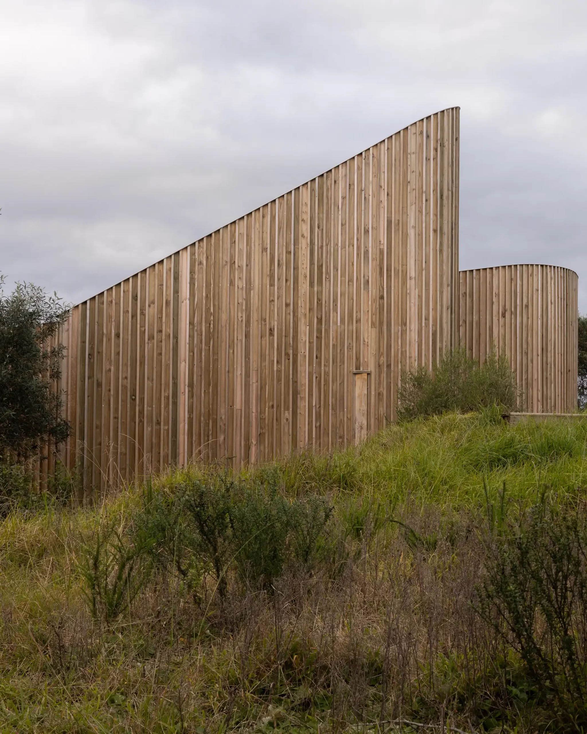 Sloping timber-clad walls in tall grass