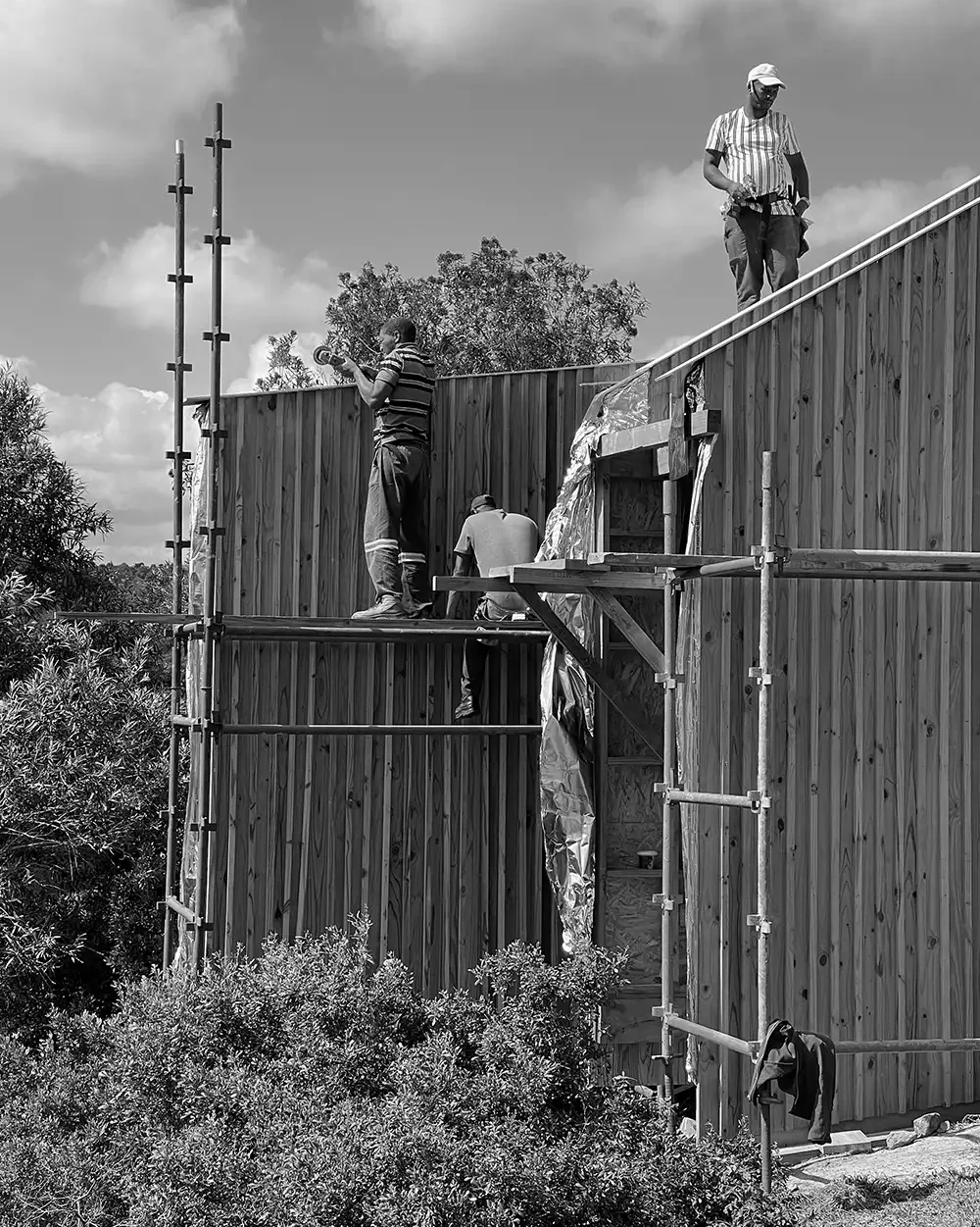 Builders cladding a timber wall from the scaffolding