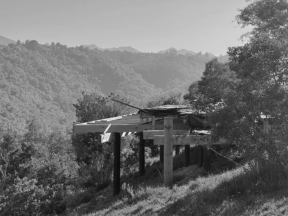 Timber platform under construction in the valley