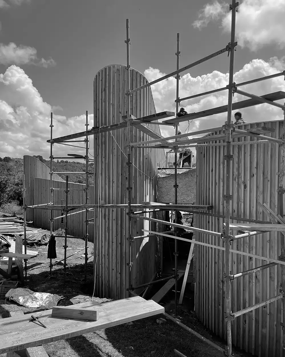 Curved timber tower in scaffolding