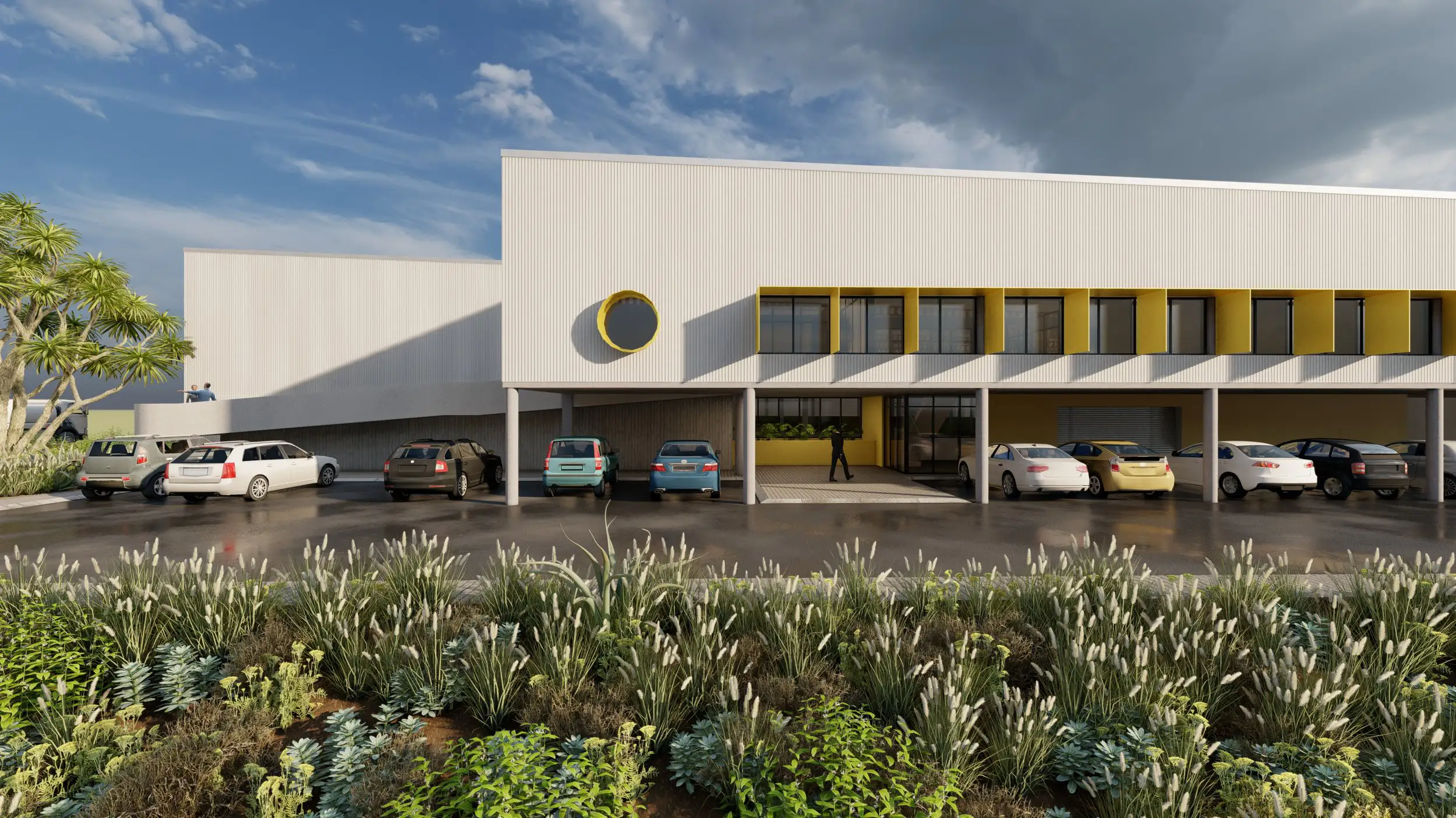Render of the Potsdam WRP building with a yellow screened band and covered parking