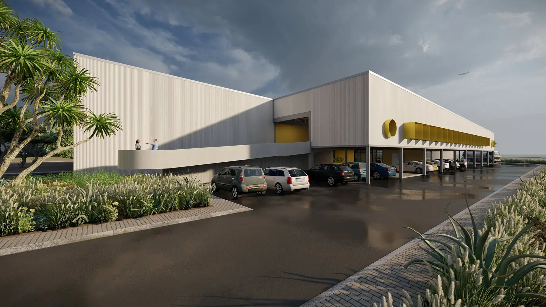 Render of the long white building beside landscaped parking
