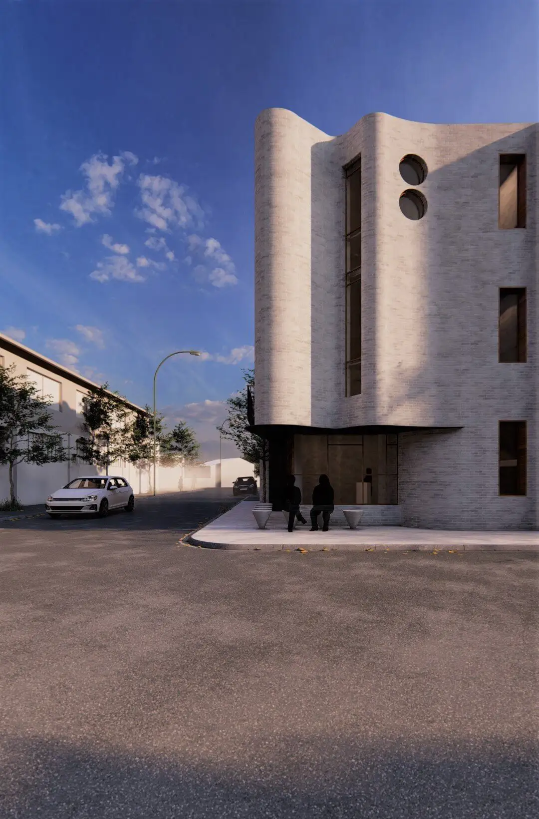 Render of the rounded corner of the building