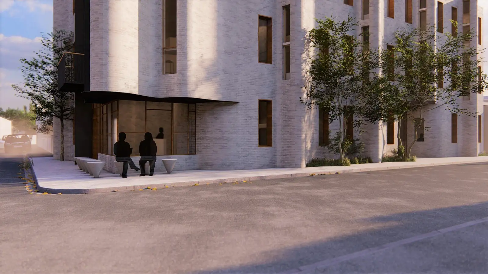 Render of the entrance with a timber screen