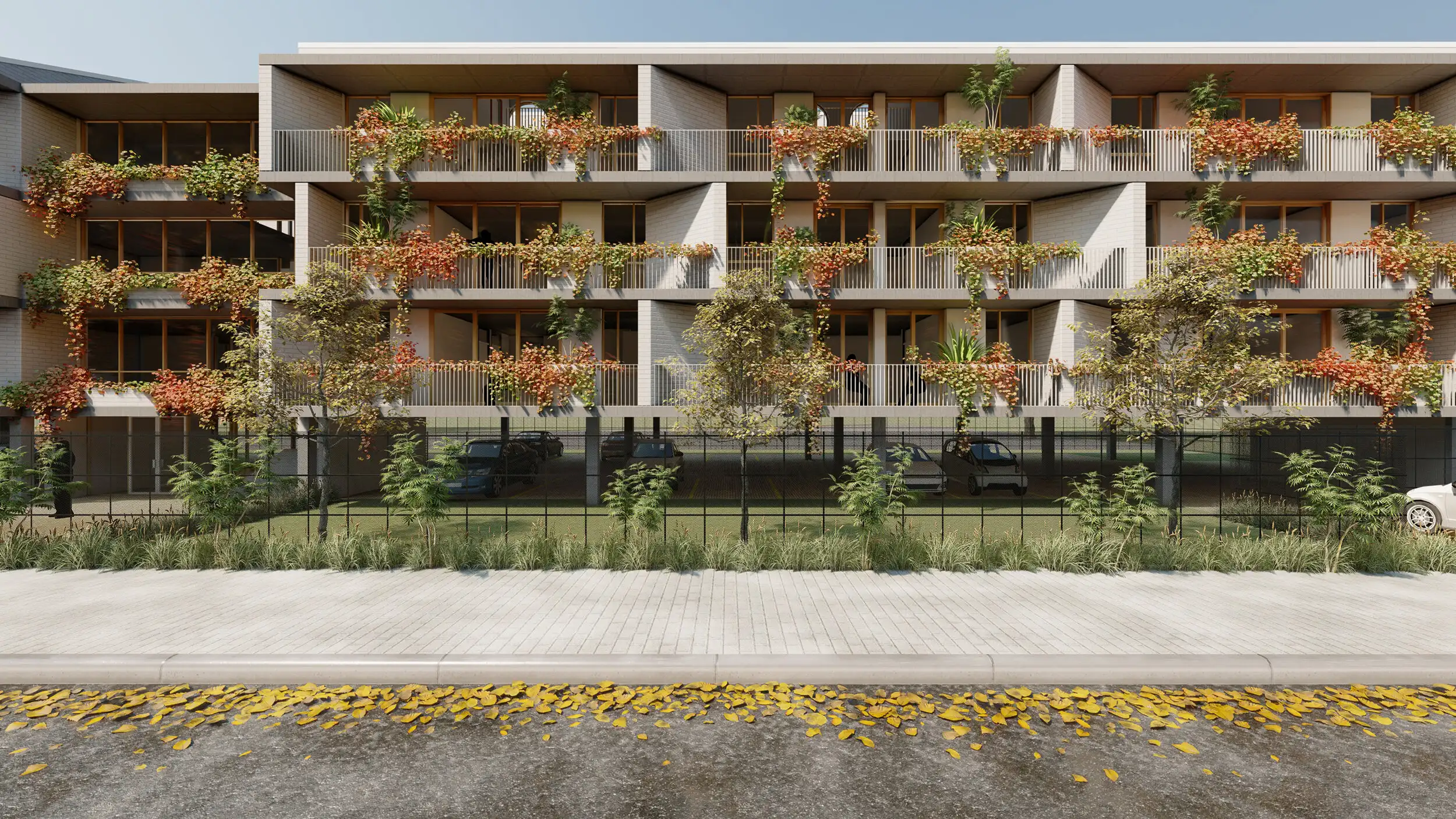 Render of the student housing with planted balconies