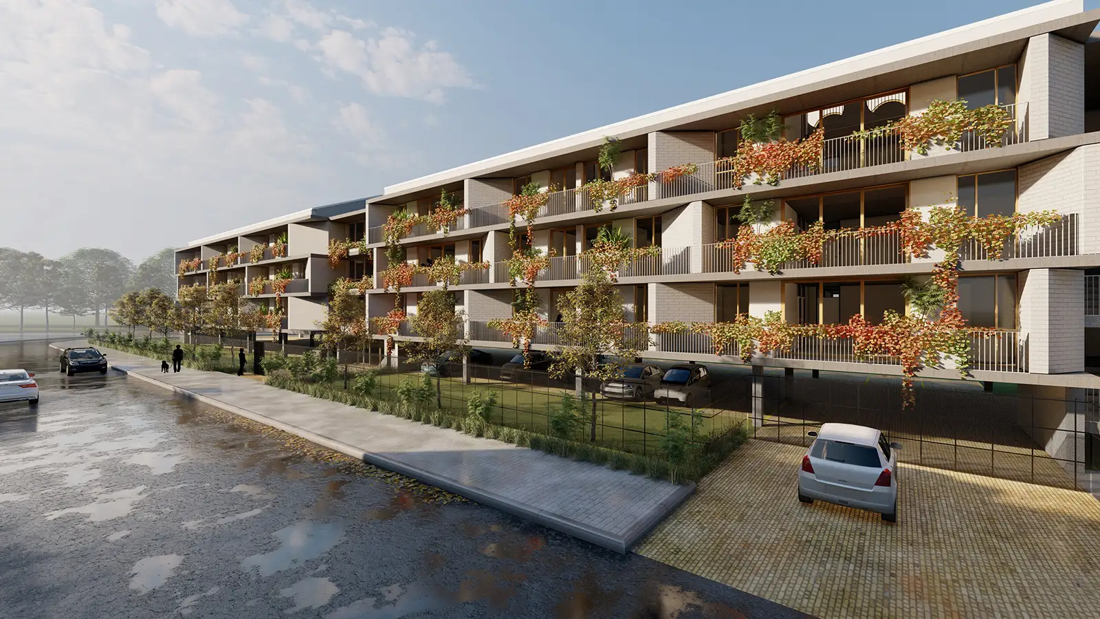 Render of the student housing along the street