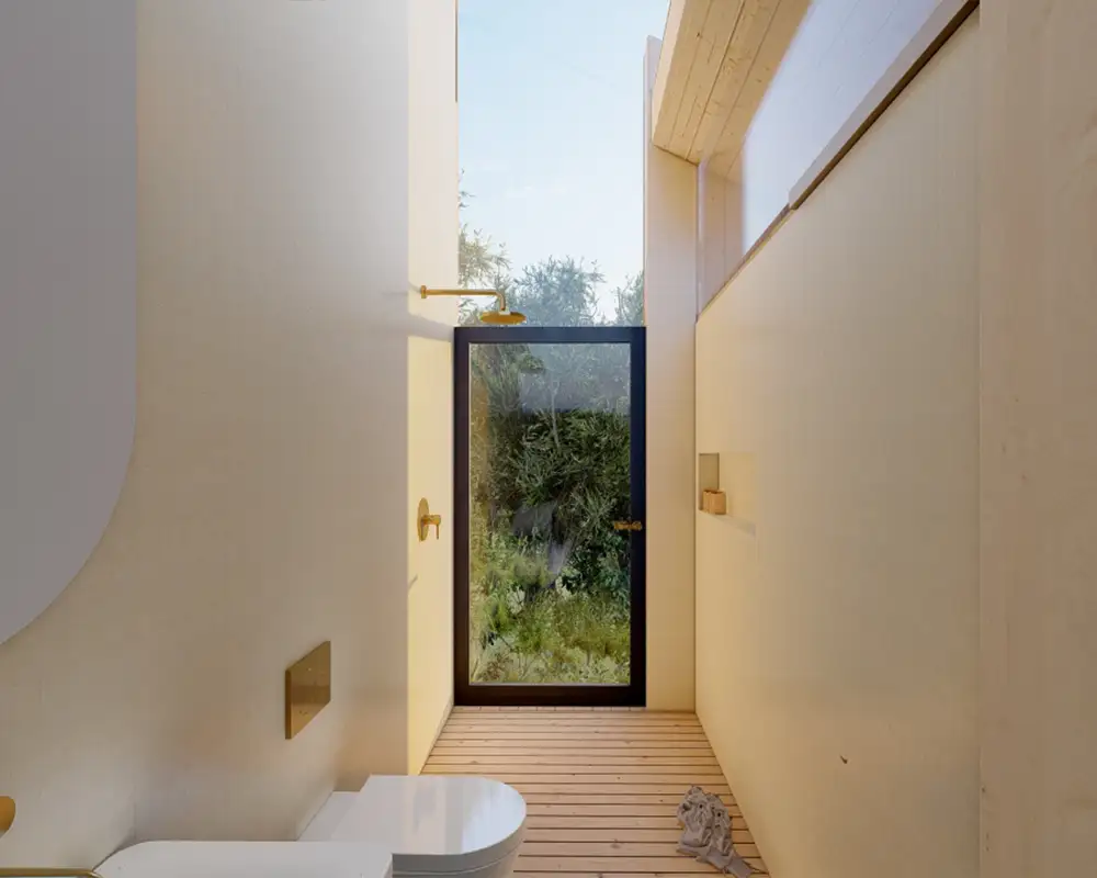 Render of the bathroom with a tall window onto the bush