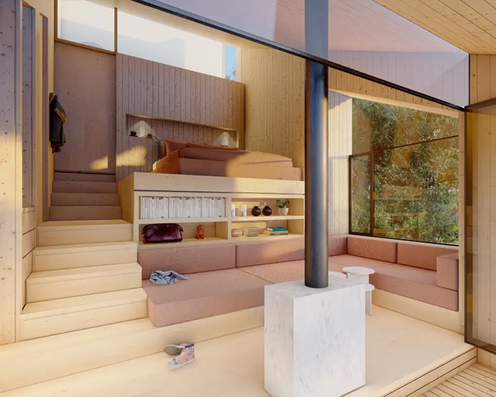 Render of the interior with steps up to the sleeping platform