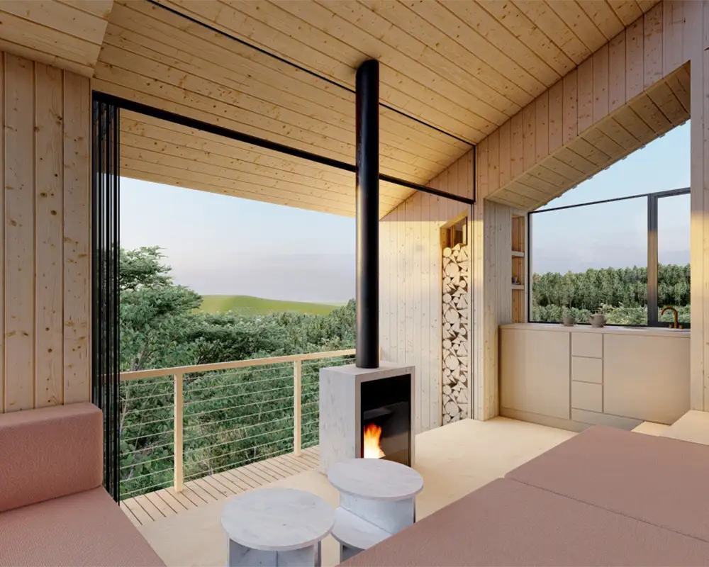 Render of the living space opening onto a balcony