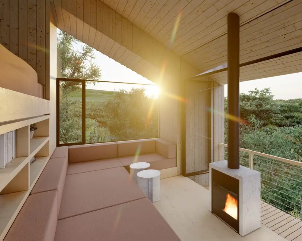 Render of the living space with a fireplace and a large window