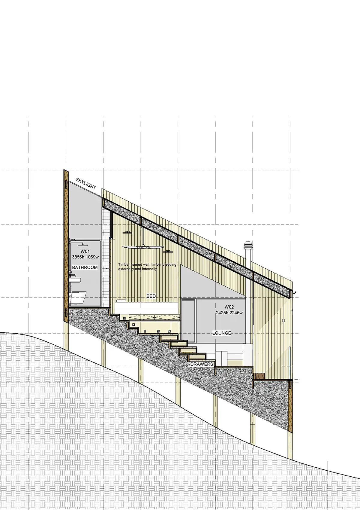 Section drawing of the cabin stepping down the slope