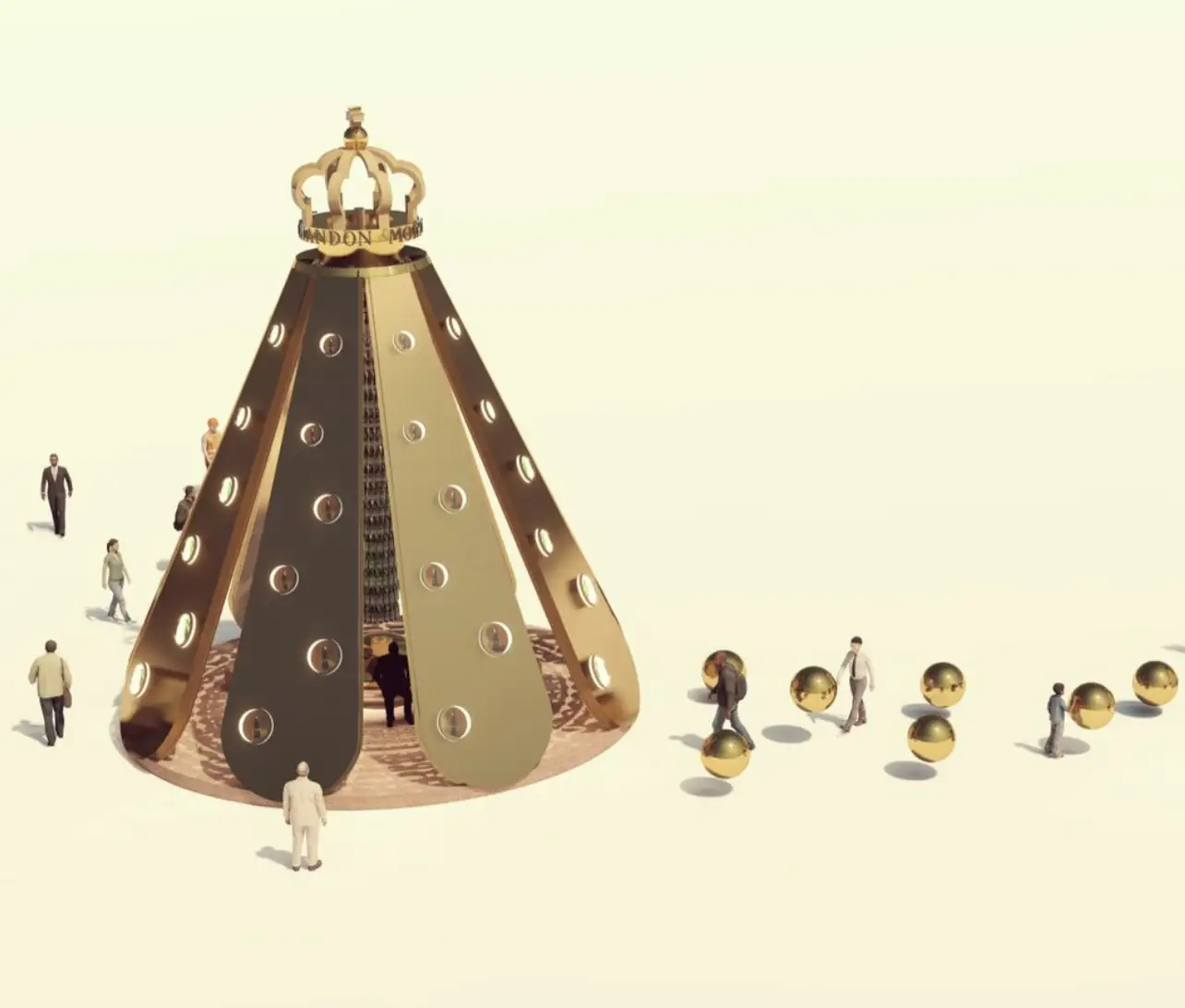Render of the gold, crown-topped cone installation with porthole windows